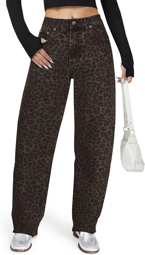 AUWUKA Barrel Jeans for Women, High Waisted Wide Straight Leg Boyfriend Microelastic Womens Mom Jeans (Medium, Leopard Print)