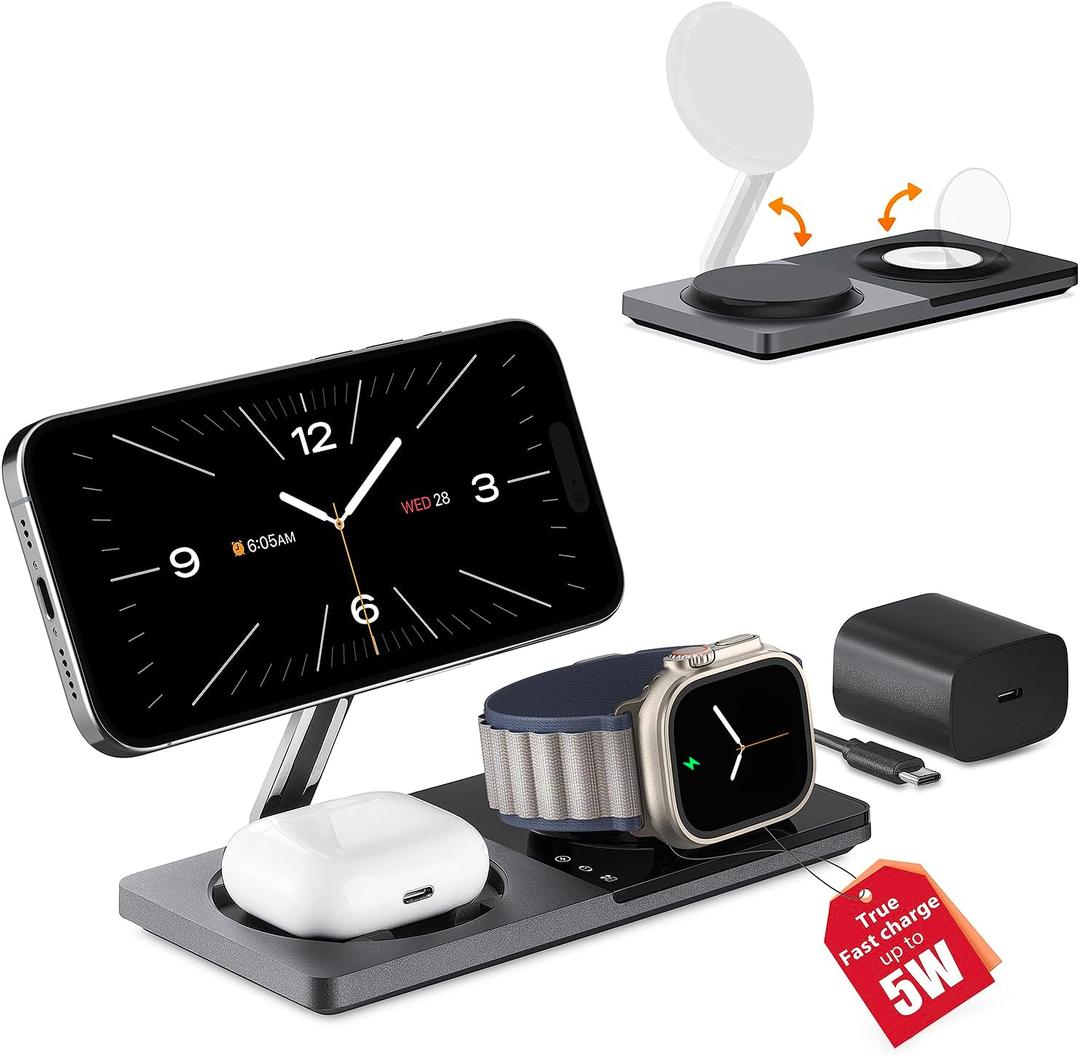 3 in 1 Wireless Charging Station for Apple Device: Fast Charging Station for iPhone and Watch with MagSafe, Foldable Charger Stand for iPhone 12-16 & iPhone 16 & iWatch & AirPods (Black)