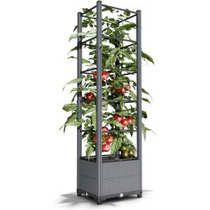 Outdoor Elevated Garden Bed with 69.69" Tall Trellis & Tomato Cage, 10.5 Gal Planter Box for Tomatoes, Vegetables, Climbing Plants & Flowers (15.7" Elevated, Gray)