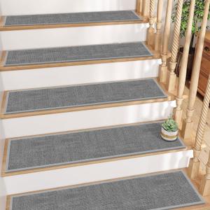 GOYLSER Jute Stair Treads Non Slip for Wooden Steps Set of 15, 8"x30" Non Slip Grey Stair Mats Indoor Stair Cover Step Pads, No Adhesive Step Traction, Grey