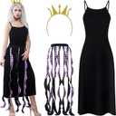 3 Pcs Women Octopus Costume Black Purple Octopus Dress Long Tentacles Gold Crown Undersea Witch for Halloween (Large)