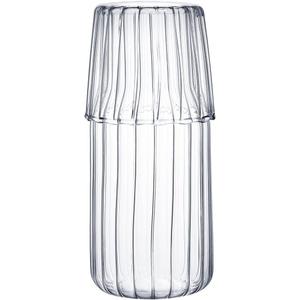 Sizikato 15 Oz Clear Striped Glass Bedside Night Water Carafe with Tumbler Glass. (Stripes)