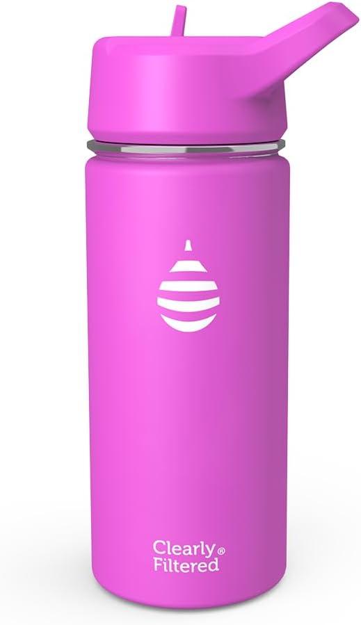 Clearly Filtered Water Bottle | Removes 220+ Contaminants, Double-Wall Insulated Stainless Steel, BPA/BPS Free, Phthalate Free, Filters Flouride Lead Chlorine (16oz, Purple Dino)