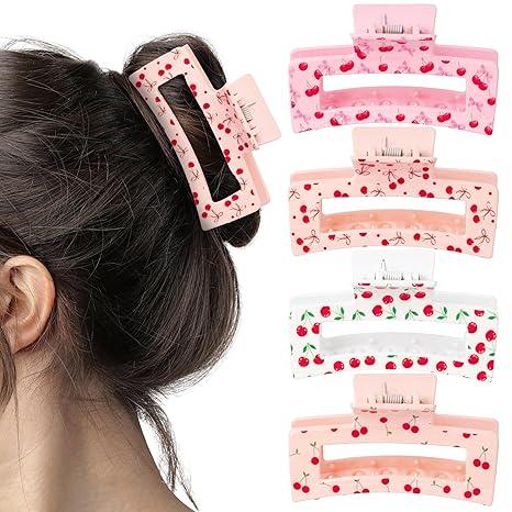 PANTIDE 4Pcs Cherry Hair Claw Clips for Women Girls  Bow Fruit Cute Rectangle Nonslip Banana Hair Clips for Women Girls, Thin Thick Short Long Curly Accessories, Valentine's Day Birthday Party Gift