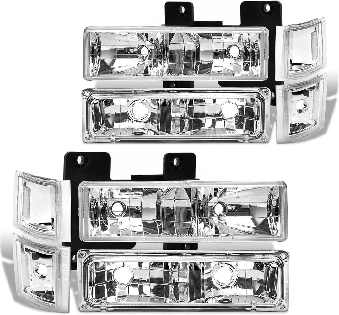 Headlight Assembly Compatible with 1994 1995 1996 1997 1998 Chevy C/K 1500 2500 3500 Silverado, For 95-99 Tahoe Suburban Replacement Headlamp, Chrome Housing Clear Reflector