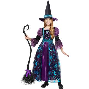 Spooktacular Creations Witch Costume for Girls, Halloween Dress with Broom, Kids Moon Shimmer Witch Set for Wizard Role Play (Medium(8-10 yrs), Purple)