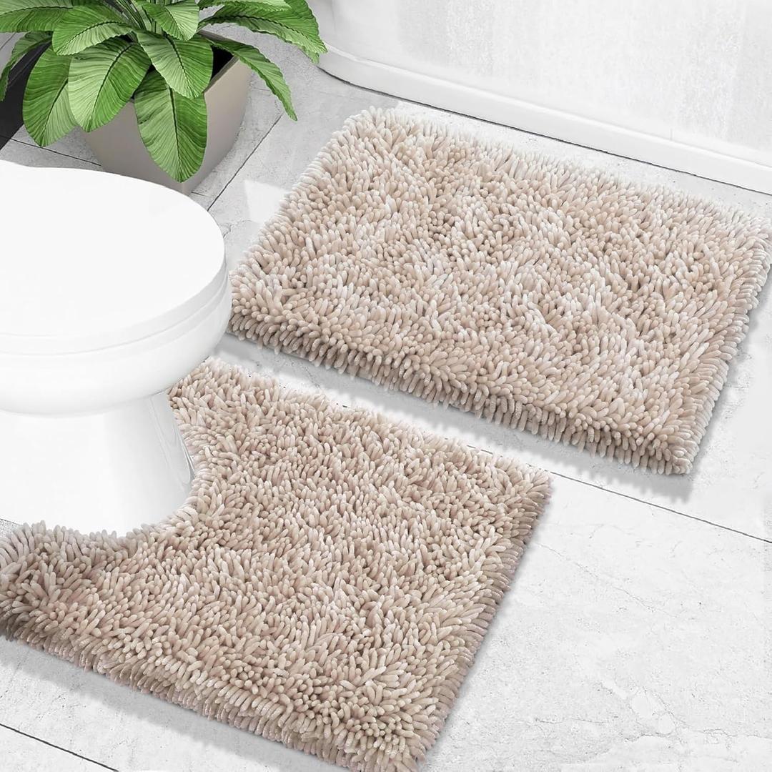 Yimobra Bathroom Rugs Sets 2 Piece, Soft Absorbent Bath Mat and U-Shaped Toilet Rug with Non Slip Backing, Luxury Shaggy Bath Mats for Bathroom, Machine Washable, 24"x17"+24"x20", Khaki