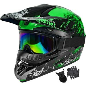 Dirt Bike Helmets Adult Motocross, Motorcycle, BMX, ATV, Off-Road, Moutain Bike Helmets Adjustable Sun Visor Dot Approved (Goggles Gloves Faceshield) (Green, Large)