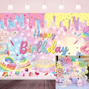 Ice Cream Birthday Backdrop Candy Ice Cream Donut Party Background for Photography Colorful Girls Sweet One Birthday Banner Cake Table Decorations Photo Props (8X6FT)
