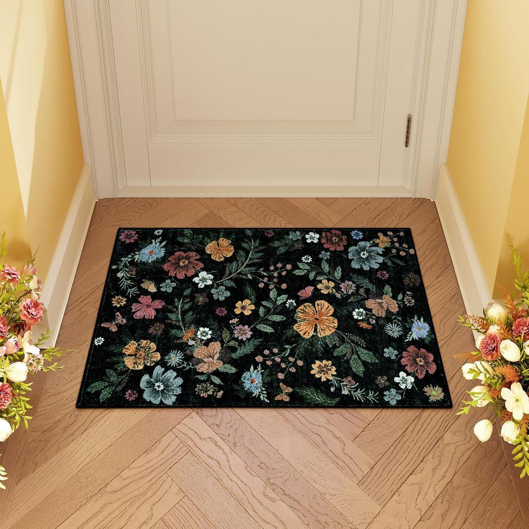 Floral Door Mat Indoor Entrance 2x3 Rug, Black Kitchen Rugs Non Slip Washable Boho Small Area Rugs for Entryway, Low-Pile Stain Resistant Throw Rugs for Entry, Front Door Bedroom