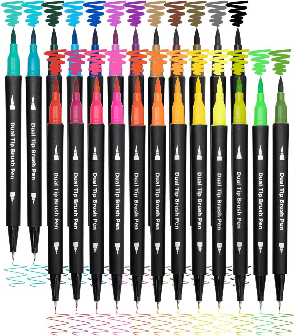 Dual Brush Marker Pens,24 Colored Markers,Fine Point and Brush Tip for Adult Coloring Books Bullet Journals Planners,Note Taking Coloring Writing