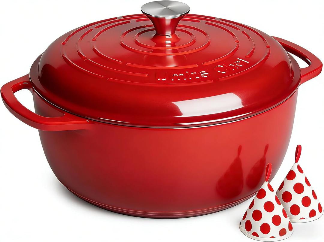 Umite Chef 6QT Enameled Cast Iron Dutch Oven with Lid, Versatile Heavy-Duty Cookware Pot for Baking Bread, Braising, Soups & Stews, Oven & Stovetop Safe with Heat Resistant GlovesRed