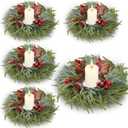 Suncalla 4 Pcs Christmas Candle Rings Wreath Decorations Artificial Red Color Berry Garland Wreaths Pine Garland Norfolk Pine Holder Pillars for Kitchen Cabinet Xmas Home Table Decor (Cute)