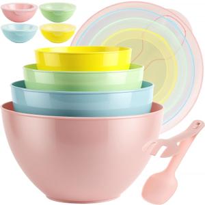 16 Piece Plastic Mixing Bowls with Lids Set - Nesting Bowls Set includes 8 Prep Bowls and 8 Lids, 2-in-1 Spoon-Fork, Large Salad Bowl for Preparing, Serving, and Storing, Dishwasher & Microwave Safe