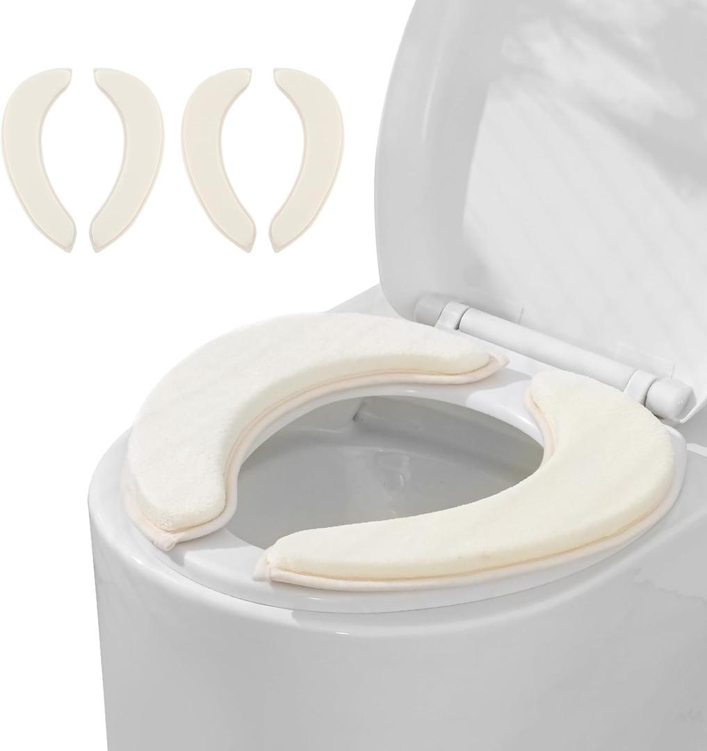 CELION Ultra-Thick Flannel Toilet Seat Cover, 2-Pack Deluxe Cushioned Lid Covers with Memory Foam for Warmth & Pressure Relief, Easy-install Self-Adhesive, Non-Slip & Machine Washable (Off-White)