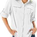 Toumett Women's UPF 50 Long Sleeve UV Sun Protection Safari Shirts Outdoor Quick Dry Fishing Hiking Travel Shirts(5071, White01, L)