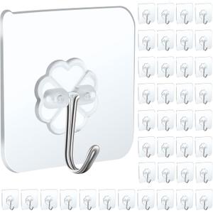 40 Packs Self Adhesive Wall Hooks Heavy Duty 22lb(Max), Waterproof Transparent Wall Hooks for Hanging Wall Hangers Sticky Hooks for Door Bathroom Shower Kitchen Outdoor Utility Hooks Hanger