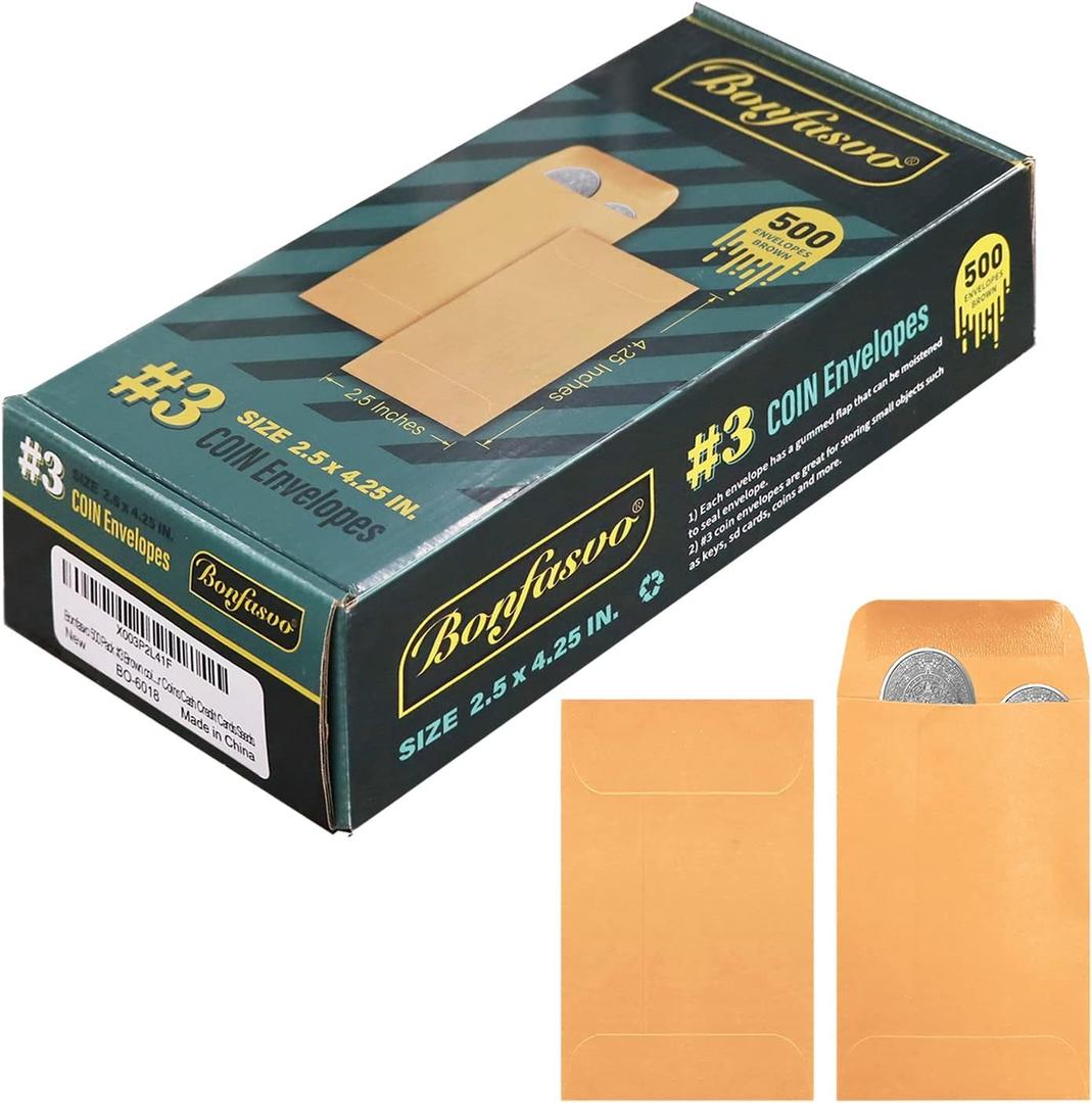Bonfasvo 500 Pack #3 Brown coin envelope 2.5 x 4.25 inches Kraft Envelopes Classic Small Parts Envelopes with Self Adhesive Gummed Flap for Coins Cash Credit Cards Seeds