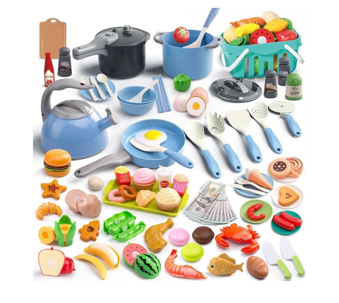 130Pcs Kitchen Playset, Toddler Pretend Cooking Play Pots, Pans, Utensils Cookware, Daily Food Fruit Veges, Shopping Storage Basket, Dessert, Prop Money, Learning Gift for Child (Blue)