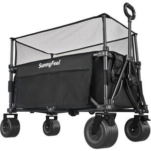 SunnyFeel Heavy Duty Collapsible Outdoor Utility Wagon Cart 500LB Capacity Adjustable Handlebar,Foldable Beach Wheels Stable Durable Oxford Fabric for Shopping Garden Camping (Black, Tall Version)