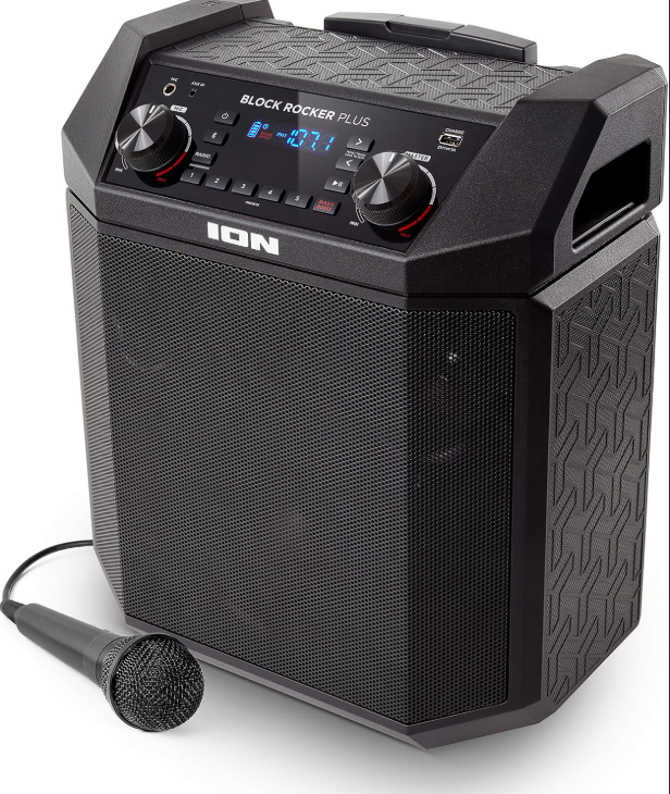 ION Block Rocker XL - Portable Bluetooth Outdoor Party Speaker, 220W, with Karaoke Microphone, Battery, 5 Speakers, Lights, Radio, USB Charging & App 