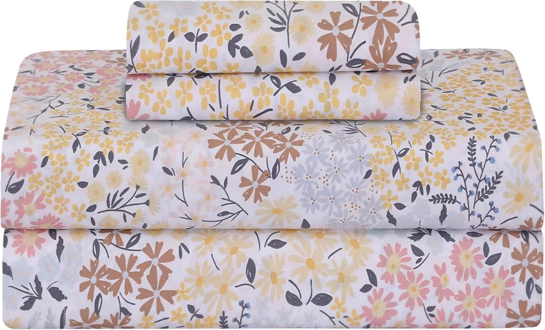 Feather & Stitch Softest 100% Cotton Sheets, 300 Thread Count Percale Weave Bedding, 16" Deep Pocket, Cooling Sheets, Breathable Bed Set, Hotel Premium Quality (Queen, Victorian Floral)