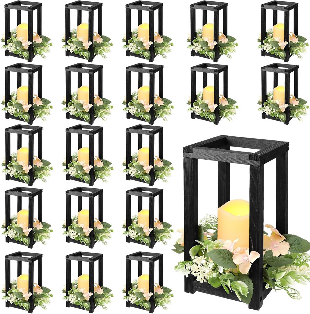 Hushee 60 Pcs Wooden Wedding Lantern Centerpiece Integrated Holders with Candles and Wreaths Rustic Wooden Candle Lantern Decor for Wedding Party Table Valentine Decor (Black)