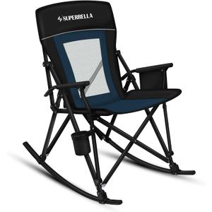 Folding Rocking Camping Chair Portable Outdoor Rocker with High Mesh Back, Handrail Bars, Carry Bag, Cup Holder, Bottle Opener, Supports 400 lbs, Black&Blue