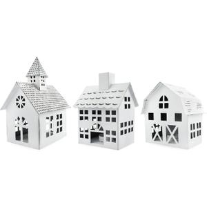 AuldHome Design Farmhouse Christmas Village Collection #2 w/Church, Barn and School (Set of 3, White); Candle Lantern Decorative Christmas Town Display
