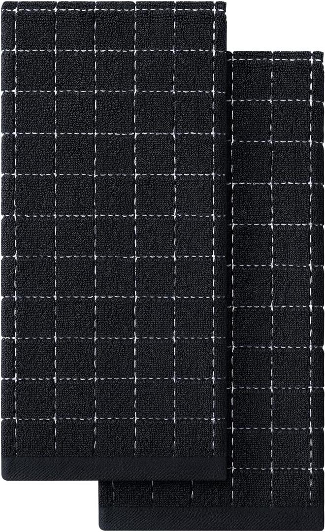 Homaxy 100% Cotton Terry Kitchen Towels(Black, 13 x 28 inches), Checkered Designed, Soft and Super Absorbent Dish Towels, 2 Pack