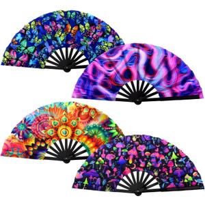 BBTO 4 Pcs Clap Fans for Line Dancing UV Glow Large Folding Hand Rave Fan Men Women Chinese Japanese Bamboo Clack Hand Fan for EDM Music Festival Club Party Dance Gift, 4 Styles, 25" (Fresh) 