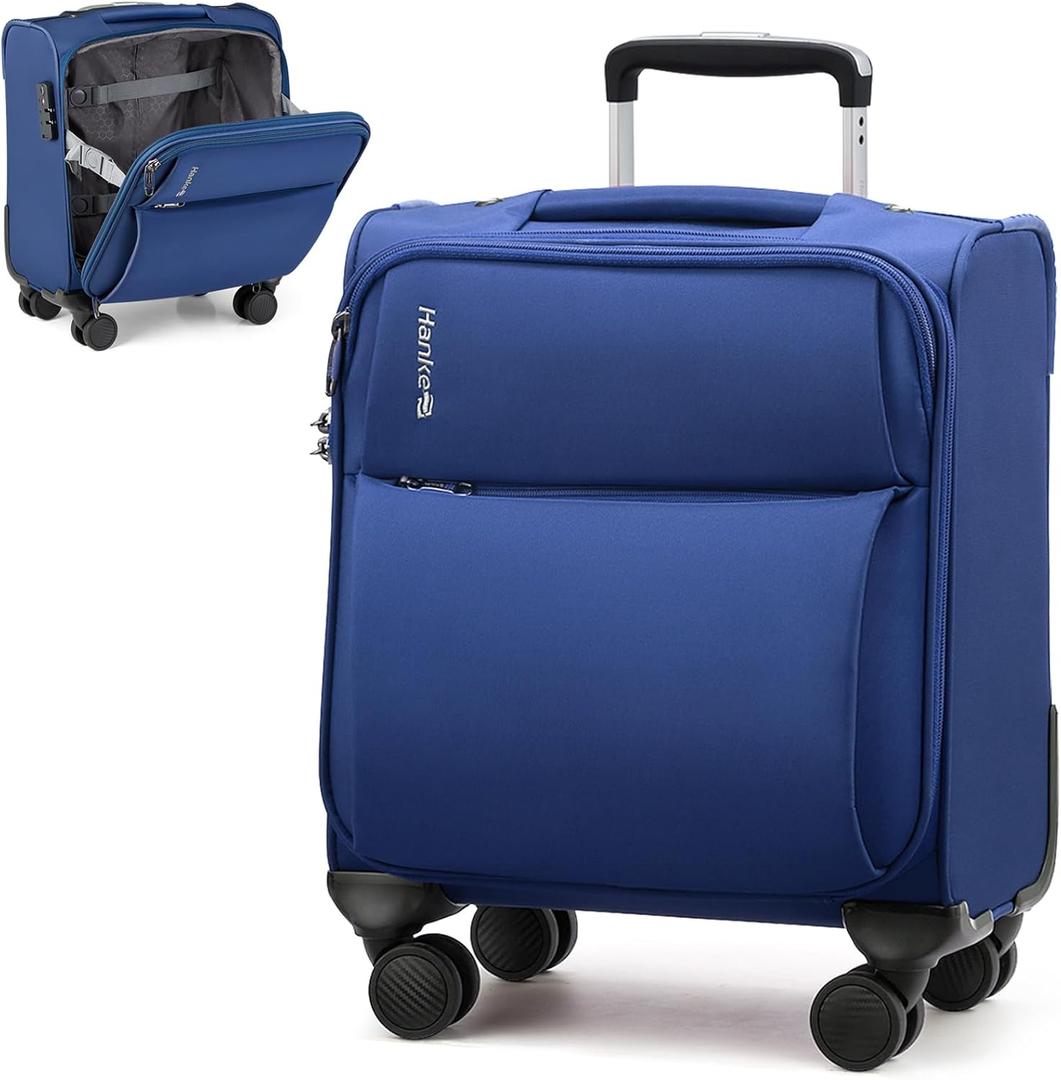 Hanke 16 Inch Underseat Carry On Luggage with Spinner Wheels Airline Approved, Small Rolling Suitcase Softside Underseater Lightweight TSA Travel Roller Suitcase Carry-On Bag, Blue 