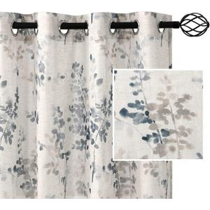 H.VERSAILTEX Sheer Linen Curtains 84 Inch Long Semi Sheer Curtains Draperies for Living Room/Bedroom Vintage Classical Floral Printing Window Treatment Grommet 2 Panels, Bluestone and Taupe