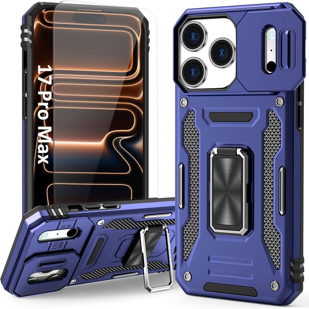 Case Compatible with 17 Pro Max iPhone Phone Case with Kickstand Ring Holder & HD Screen Protector, with Camera Cover, with Magnet Car Mount Function, for iPhone 17 Pro Max (Navy Blue)