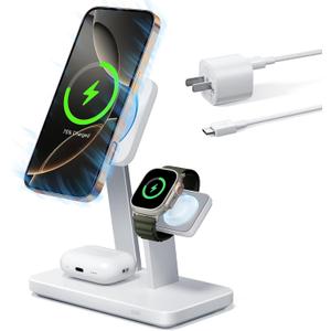 ESR 25W 3-in-1 Charger Stand for Magsafe, Made for Apple-Certified Magnetic Wireless Charger, 15W Charging Station for iPhone 17/16/15/14/13 Apple Watch/AirPods Pro, Phone-Cooling Charger, White