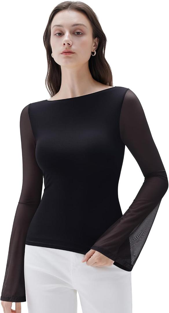 SUUKSESS Women Mesh Sheer Bell Sleeve Tops Double Lined Boat Neck Going Out Shirts (Black, L)