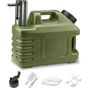 UPWOIGH 3.5 Gallon Portable Water Jug in Dark Green with Screw-Lock Leakproof Touch Pump, Nature-Inspired Carved Container with Spigot, Type-C Rechargeable Outdoor Water Tank for Camping Hiking
