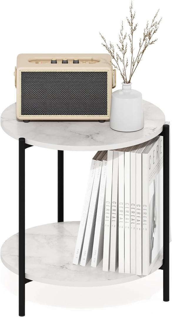 Furinno Besi 2-Tier Modern Round Side End Table with Sturdy Metal Legs, 15.55 (W) x 10.58 (H) x 5.46 (D) inches, Marble White