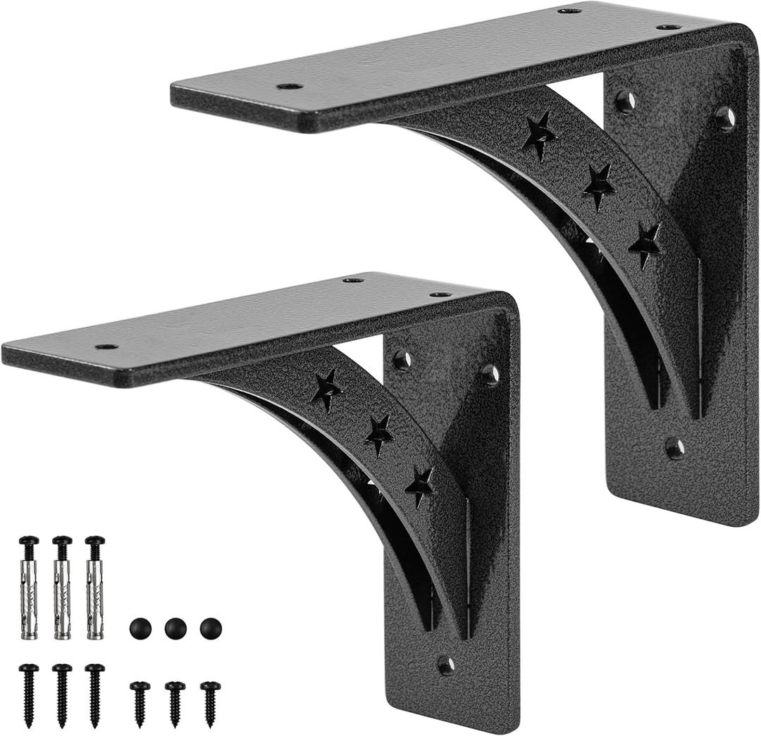 7 inch x 6 inch Heavy Duty Shelf Bracketsmax Load 900 LBS,Premium Alloy Metal Mantel Brackets , (Set of 2) Fireplace Mantel Brackets - Countertop Support Brackets (Black-Metallic Silver)