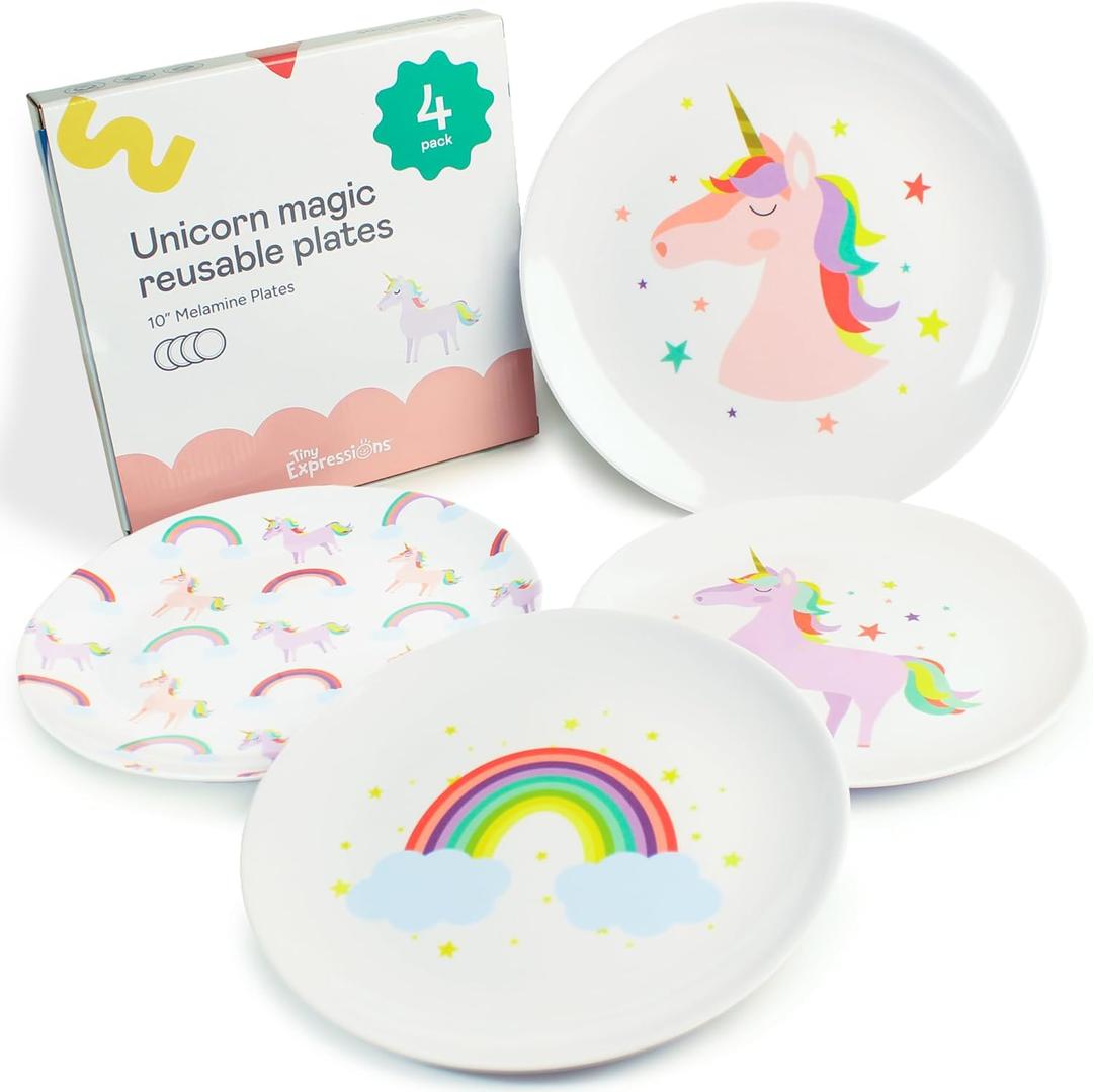 Tiny Expressions Unicorn Plates  10" Set of 4 Reusable Melamine Party Plates with Rainbows, Stars & Whimsical Unicorns  Ideal for Everyday Use, Table Decor, Gifts, Birthdays & Party Favors (Multicolor)