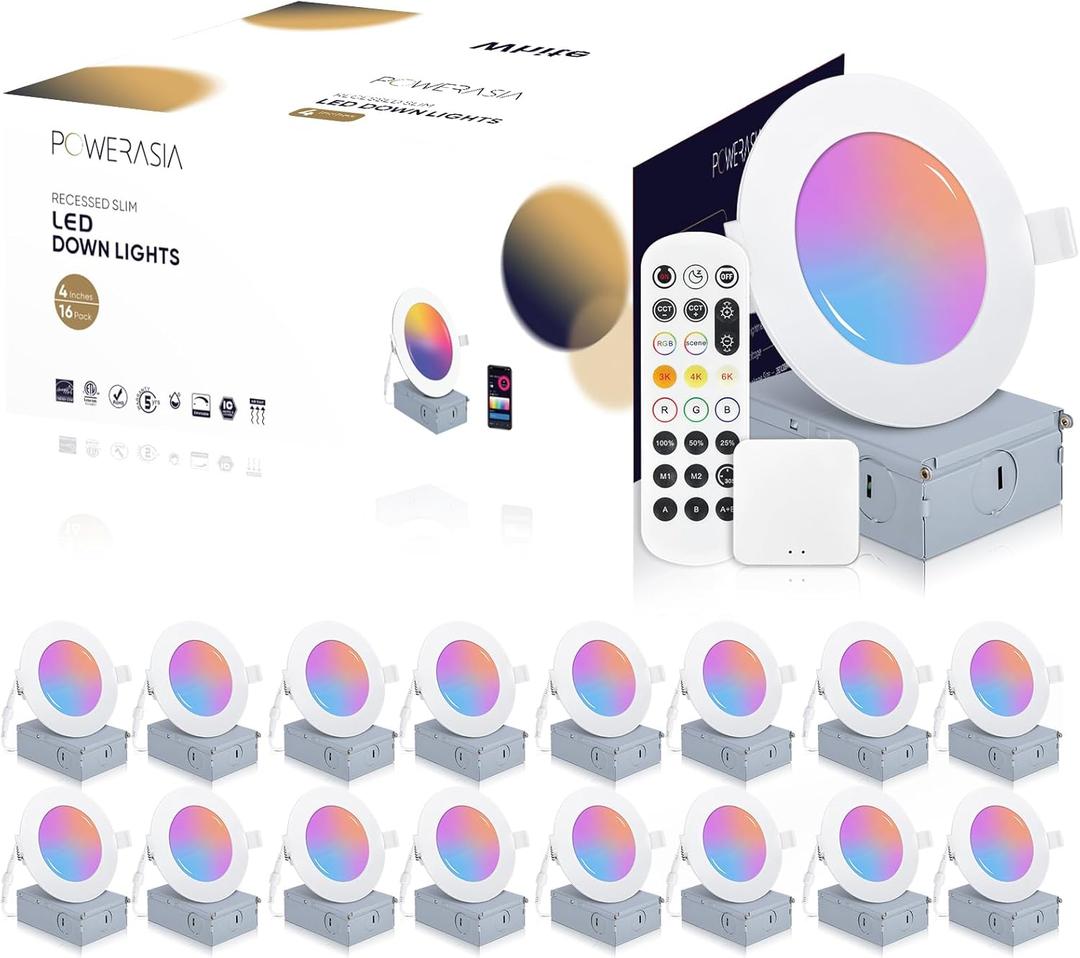 16 Pack Smart Recessed Lighting 4 Inch, Ultra-Thin LED Recessed Lighting 9W 700LM Smart Downlight with Junction Box, Compatible with Alexa/Google Assistant, Hub Included - ETL and Energy Star