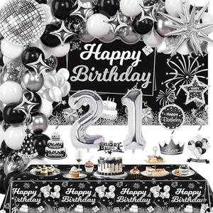 Miidenks 21st Birthday Decorations Set for Man Women,Black Silver Happy 21 Birthday Party Supplies with Birthday Backdrop Banner Birthday Tablecloth 21 Number Balloons for Her Him