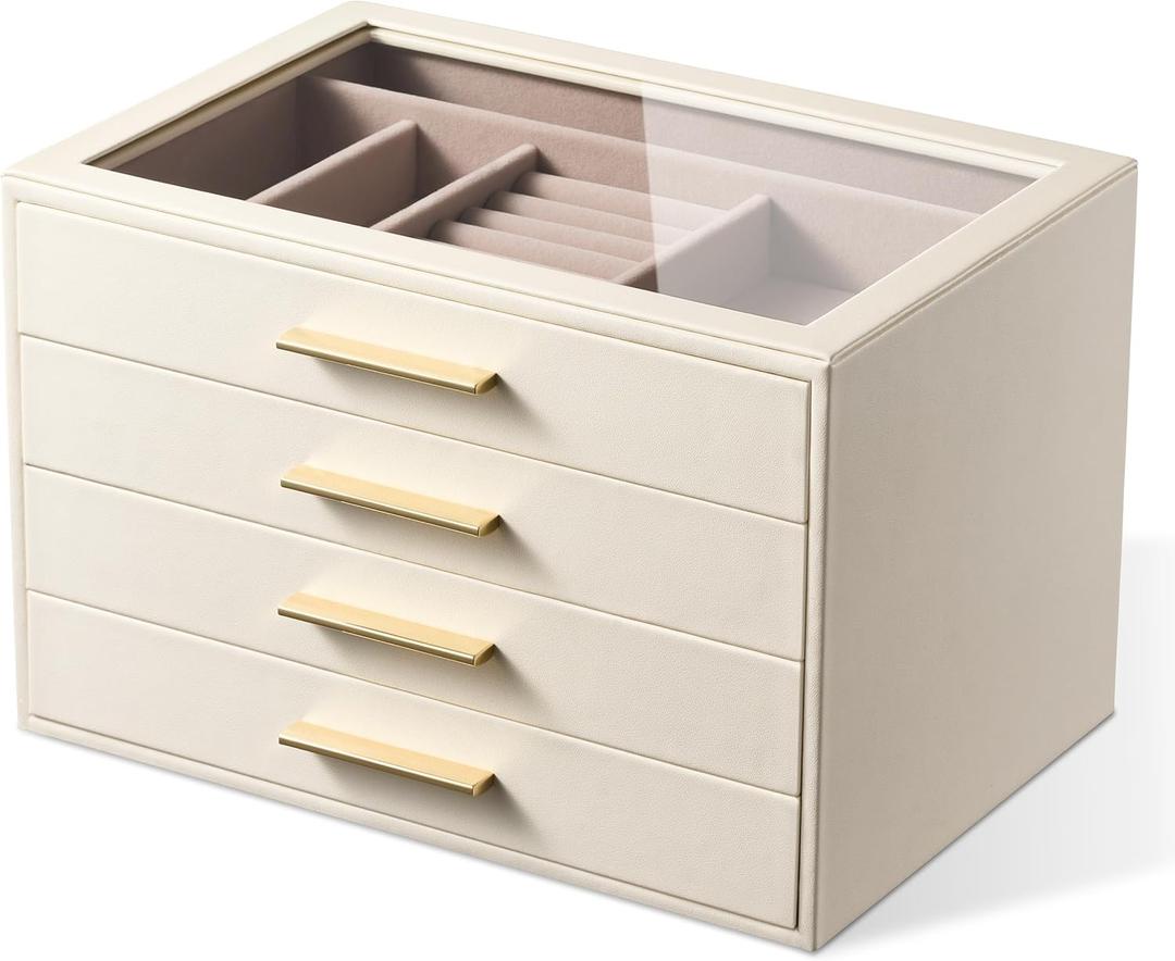 pickpiff Jewelry Box Organizer Case for Women: 4-Layer Jewelry Storage Case with Glass Window, Ivory Leather with Pink Velvet, Holder for Ring Necklace Bracelet Brooch Watch, Great Gift for Her