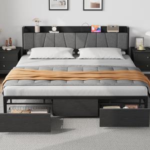 GarveeHome King Size Bed Frame with Storage Headboard, Black King Platform Bed with 2 Large Drawers and Charging Station, Industrial No Box Spring Needed Bedframe