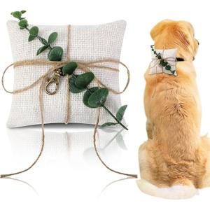 Yunlly 5'' x 5'' Dog Ring Bearer Wedding Pillows with Ring Clasp Off for Dog Collar White Burlap Holder with Greenery for Engagement Wedding Pet Accessory for Small Medium Large Pets
