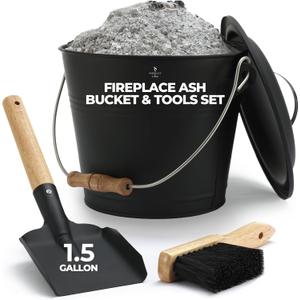 Smedley & York Mini Ash Bucket with Lid, Includes Fireplace Tools, Pail, Shovel and Broom, 1.5 Gallon Charcoal Metal Bucket with Lid, Coal Bucket and Ash Can, Galvanized Iron Ash Bucket for Fireplace