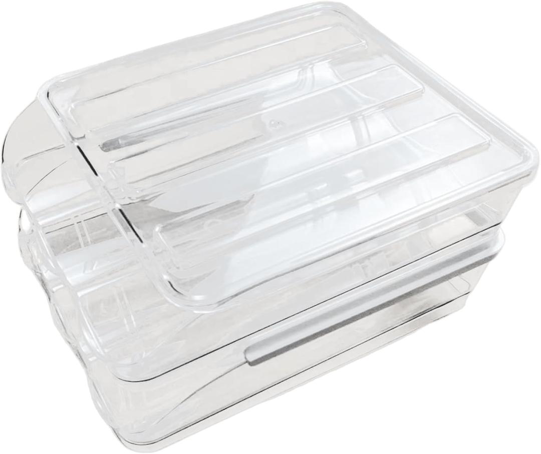 Egg Holder Refrigerator Clear Egg Storage Dispenser Rolling Egg Container Refrigerator with Detachable Lid Stackable Egg Tray Organizer Fridge (2 Layer)