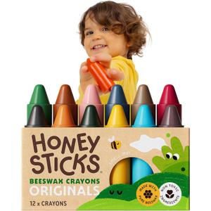 Honeysticks 100% Pure Beeswax Crayons (12 Pack) - for Baby 1+, Toddlers 1-3 | Non-Toxic Crayons for Toddlers 1-3, Safe for Baby from 1 Year Old Plus, Natural Beeswax and Food-Grade Colors, Easy Grip, Eco