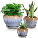 AVLA 3 Pack Ceramic Plant Pots, Gardening Drip Glazed Planters, Decorative Flower Pot with Drainage Hole and Saucer, Round Rustic Houseplant Container for Succulent Herbs Cactus Orchid, Home Office