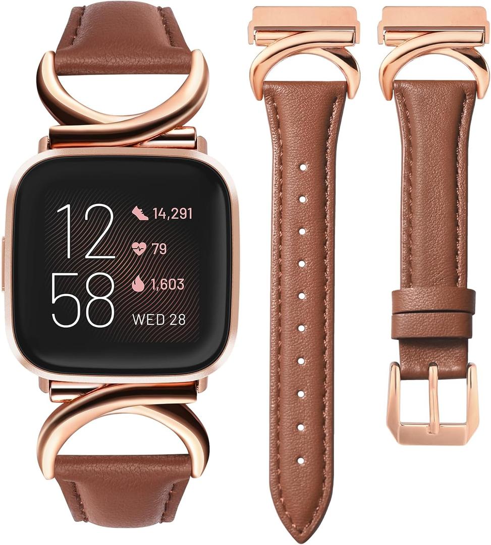 Minyee Leather Band Compatible with Fitbit Versa 2/Fitbit Versa/Versa Lite Bands Women, Slim Thin Dressy Designer Premium Leather Strap with C-Shape Metal Buckle for Versa 2 Smartwatch Accessories (Brown/Rose Gold)